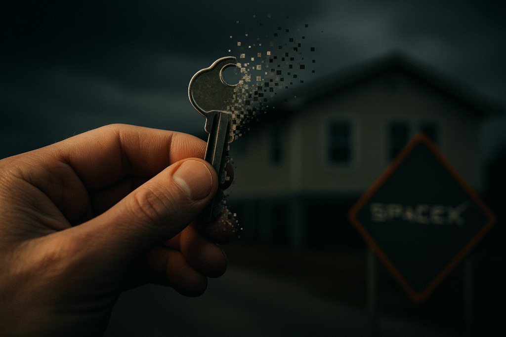 Una chiave di casa si dissolve in una mano, a significare la perdita dei diritti di proprietà a Starbase per via del controllo aziendale.