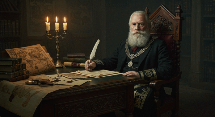 Albert Pike in una biblioteca ottocentesca mentre scrive le sue lettere profetiche sul destino del mondo.