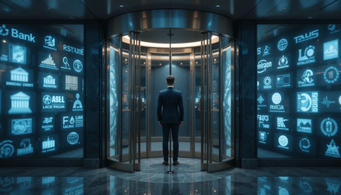 Una porta girevole simboleggia il passaggio tra istituzioni finanziarie e organizzazioni globali, con un uomo che si muove attraverso di essa.