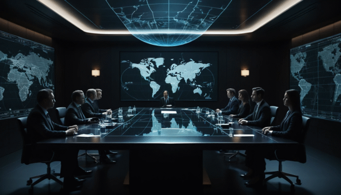 Figure d'élite in ombra riunite in una sala buia discutono strategie globali attorno a un tavolo olografico durante il Bilderberg 2025.