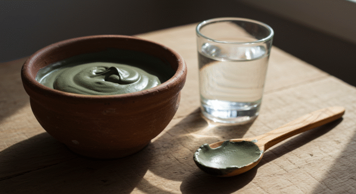 Preparazione di un impacco di argilla verde in una ciotola di ceramica con un cucchiaio di legno, un rimedio naturale per le scottature.