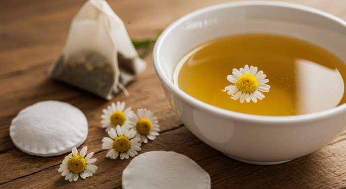 Preparazione dell'infuso di camomilla in una ciotola di ceramica con batuffoli di cotone per la cura della congiuntivite del gatto.