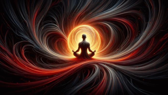 Figura umana luminosa medita circondata da un'energia scura, simbolo della procedura d'emergenza per gestire le emozioni negative.