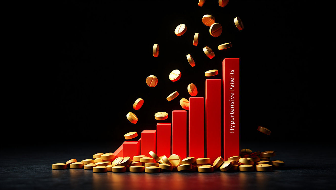Un grafico mostra l'aumento dei pazienti ipertesi con pillole che piovono come denaro, a simboleggiare i profitti farmaceutici.