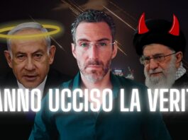 Montaggio fotografico sulla propaganda di guerra con al centro un commentatore, a sinistra Benjamin Netanyahu con un'aureola e a destra Ali Khamenei con le corna da diavolo. Il testo in sovrimpressione recita: "Hanno ucciso la verità".