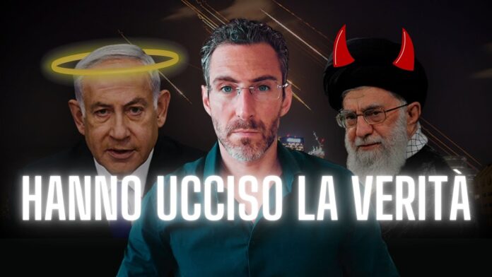 Montaggio fotografico sulla propaganda di guerra con al centro un commentatore, a sinistra Benjamin Netanyahu con un'aureola e a destra Ali Khamenei con le corna da diavolo. Il testo in sovrimpressione recita: 