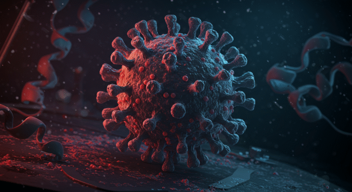 Proteina spike del coronavirus osservata al microscopio, simbolo dei potenziali rischi discussi nello studio giapponese sull'eccesso di mortalità.