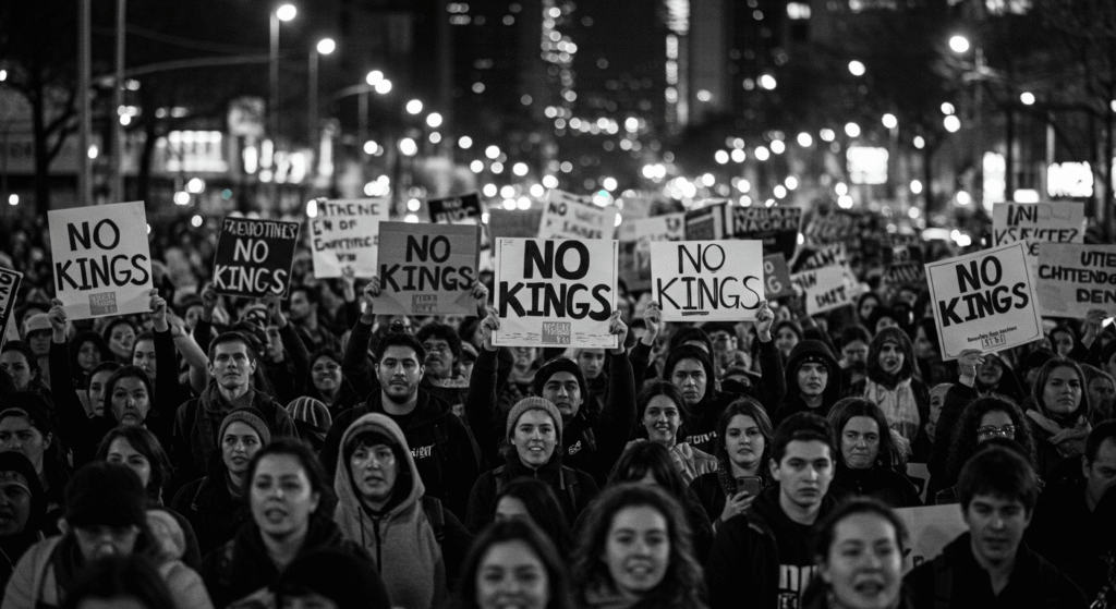 Folla di manifestanti durante le proteste "No Kings" contro la repressione governativa.