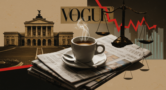 Collage di notizie per la rassegna stampa de Il Caffè Quotidiano, con una tazzina di caffè al centro e simboli di politica, economia e cultura.
