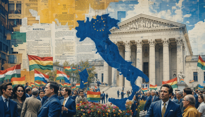 Collage di notizie del 29 Giugno 2025, con immagini della Corte Suprema USA, il simbolo UE e una mappa dell'Italia, a rappresentare le decisioni politiche e legali della giornata.