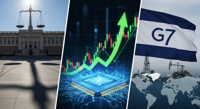 Collage di notizie per la rassegna stampa del 30 giugno 2025, con immagini che rappresentano la politica italiana, la finanza globale con Nvidia e l'accordo del G7.