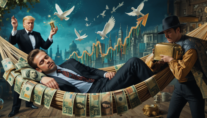 Collage satirico con un politico che dorme su soldi, Trump mago della pace e Brad Pitt derubato, simbolo della rassegna stampa semiseria.