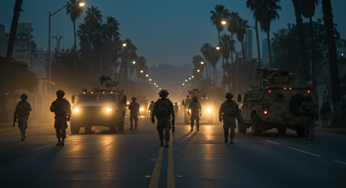 Marines e mezzi blindati presidiano una strada di Los Angeles durante la repressione federale.