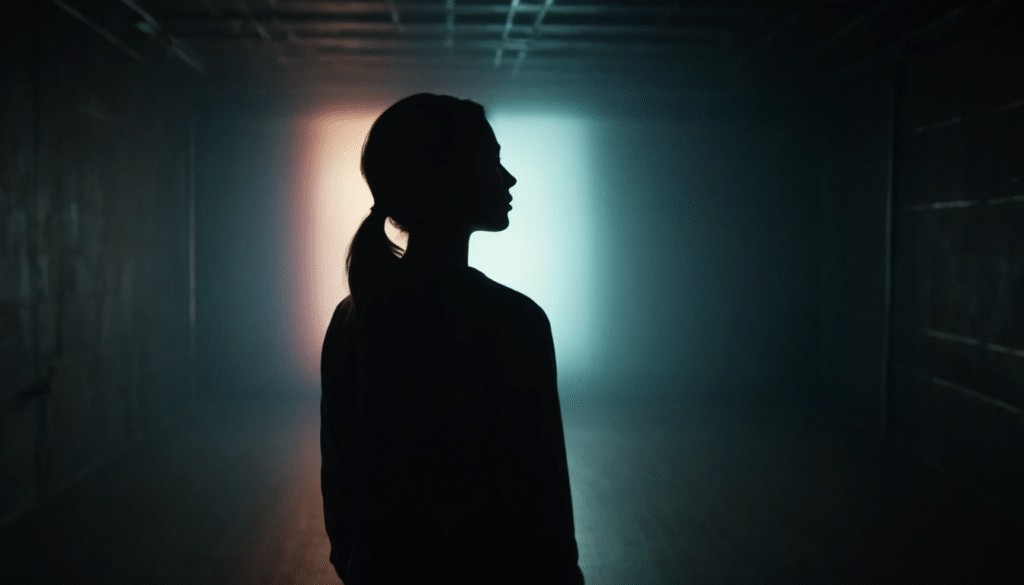 Silhouette di una persona che osserva uno spazio apparentemente vuoto ma carico di una vibrazione energetica, simboleggiando la percezione della metafisica.