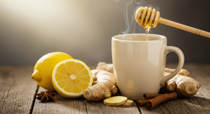 Ingredienti naturali per il rimedio contro il mal di gola: tazza con bevanda calda, limone, miele, zenzero e cannella.