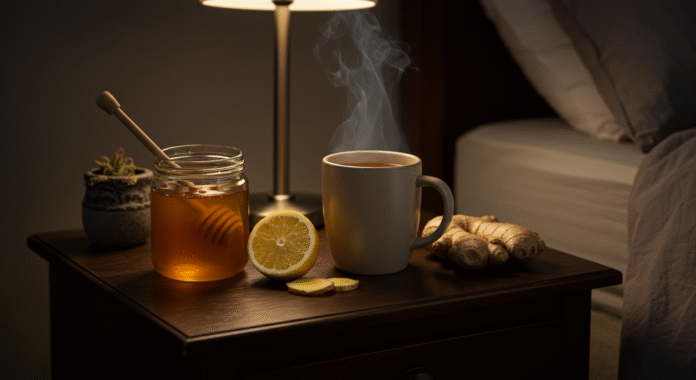 Infuso caldo in una tazza con miele, limone e zenzero, un rimedio naturale per la tosse notturna.