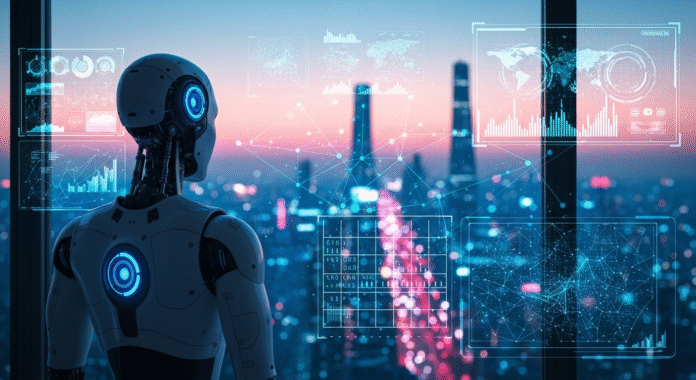 Un robot umanoide contempla il gemello digitale di una città futuristica proiettato su una vetrata.