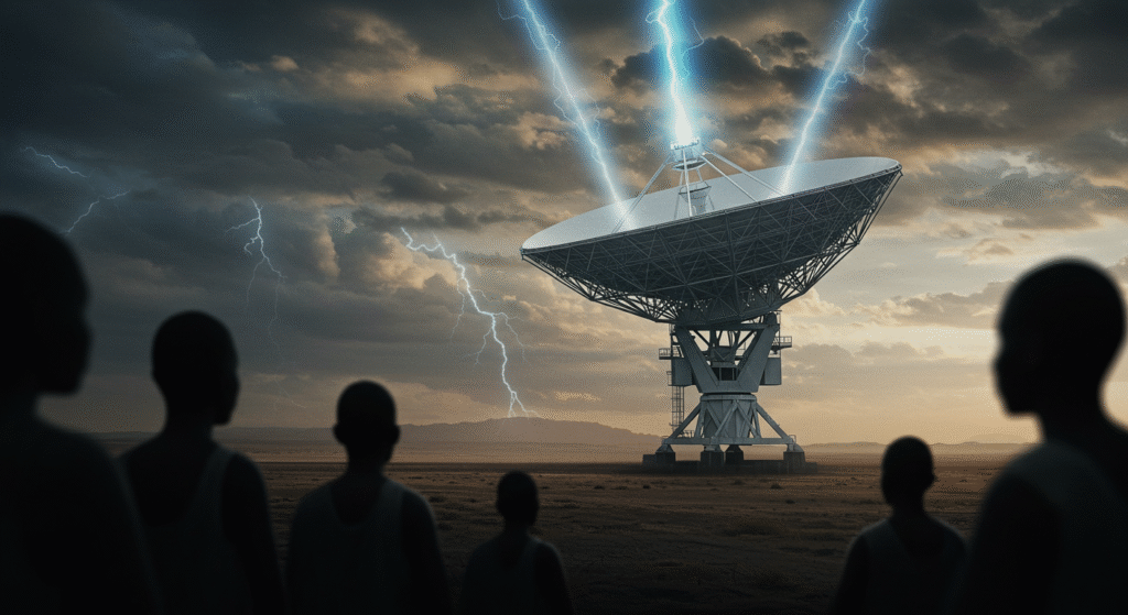 Un'antenna Starlink punta verso un paesaggio africano desolato con figure stilizzate.