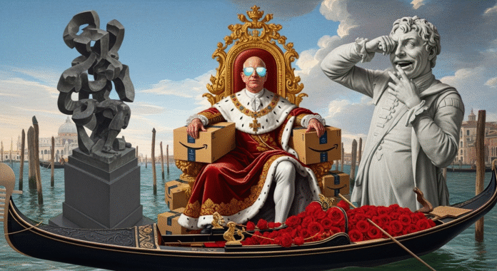 Collage satirico che mette a confronto il lusso del matrimonio di Jeff Bezos a Venezia con la morte simultanea degli artisti Arnaldo Pomodoro e Alvaro Vitali.