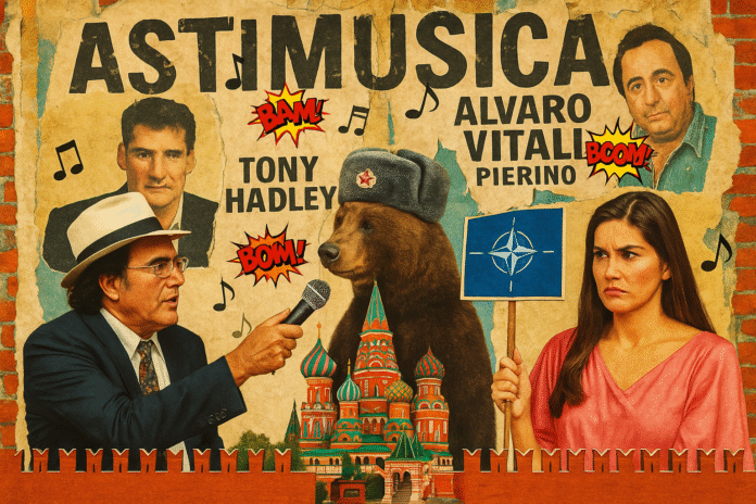 Collage satirico sulla cultura italiana: Al Bano e Romina Power cantano in Russia, simboleggiando il conflitto tra nostalgia e geopolitica, con icone come Alvaro Vitali e Tony Hadley sullo sfondo.