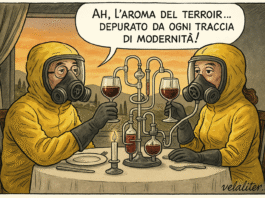 Vignetta satirica di una coppia in tute hazmat che beve vino filtrato da alambicchi, ironizzando sulla contaminazione da PFAS nel vino.
