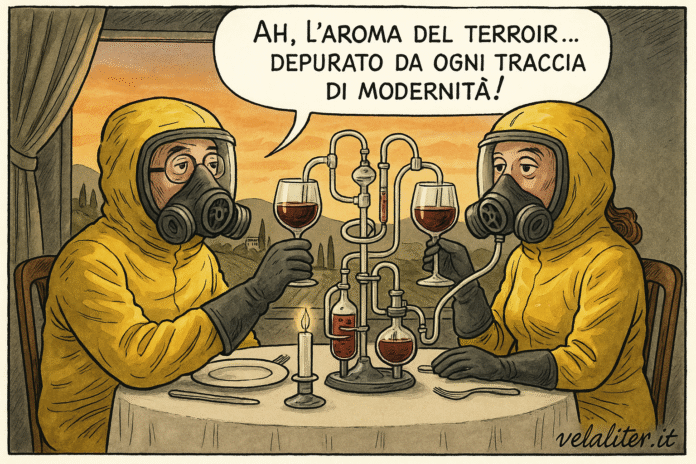 Vignetta satirica di una coppia in tute hazmat che beve vino filtrato da alambicchi, ironizzando sulla contaminazione da PFAS nel vino.