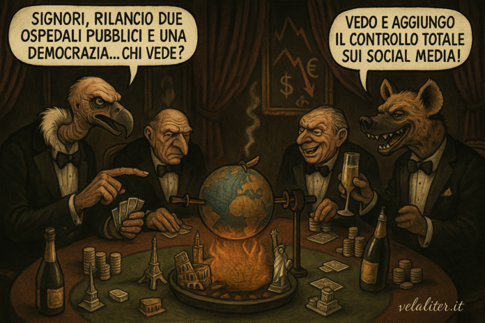 Vignetta satirica sui membri del gruppo Bilderberg che giocano a poker utilizzando i destini del mondo come posta in gioco.