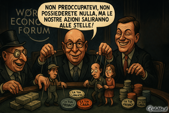 Vignetta satirica sul World Economic Forum, dove le élite giocano a poker con le vite dei cittadini rappresentati come marionette.
