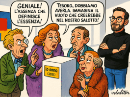 Vignetta satirica raffigurante critici d'arte che ammirano con finta intelligenza un piedistallo vuoto in una galleria, parodia della scultura invisibile.