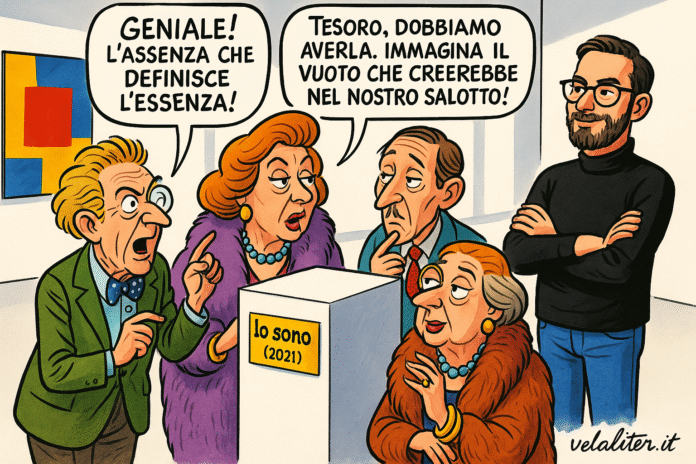 Vignetta satirica raffigurante critici d'arte che ammirano con finta intelligenza un piedistallo vuoto in una galleria, parodia della scultura invisibile.