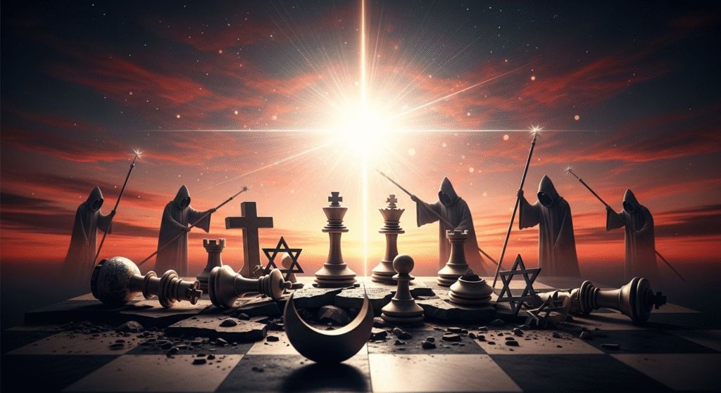 Scacchiera mondiale in rovina manipolata da figure incappucciate, a simboleggiare le guerre pianificate da società segrete.