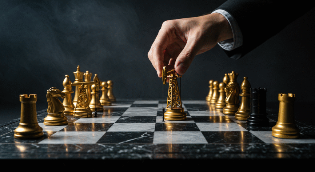 Scacchiera strategica con trivelle di petrolio e carri armati al posto dei pezzi, metafora della guerra energetica.