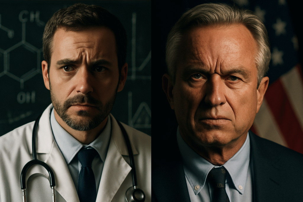 Un'immagine divisa che mostra da un lato un medico preoccupato e dall'altro il volto di Robert F. Kennedy Jr., a rappresentare lo scontro sulla riforma dell'ACIP.