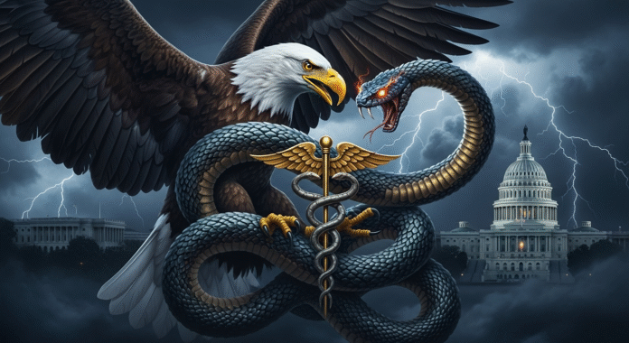 Aquila che rappresenta il governo e serpente che simboleggia Big Pharma si fronteggiano in una rappresentazione della guerra dei vaccini.