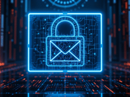 Lucchetto digitale olografico che protegge una email, a simboleggiare il concetto di posta elettronica sicura con crittografia.