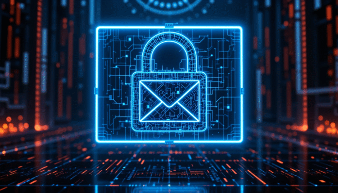 Lucchetto digitale olografico che protegge una email, a simboleggiare il concetto di posta elettronica sicura con crittografia.