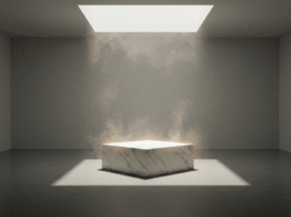 Sala di un museo d'arte moderna con un piedistallo vuoto illuminato da un faretto, a rappresentare la scultura invisibile "Io sono".