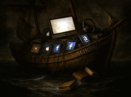 Nave simbolica della scuola che affonda in un mare oscuro, appesantita da schermi e cavi digitali, rappresentando la crisi dell'istruzione tradizionale.