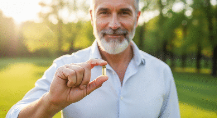 Uomo con in mano una capsula dell'integratore naturale Serenoa Repens per il benessere della prostata.