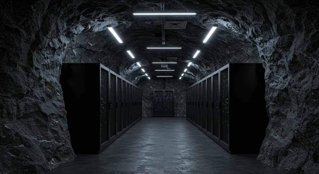 Data center sicuro all'interno di un bunker sotterraneo, a rappresentare la sicurezza fisica dei server di posta elettronica.