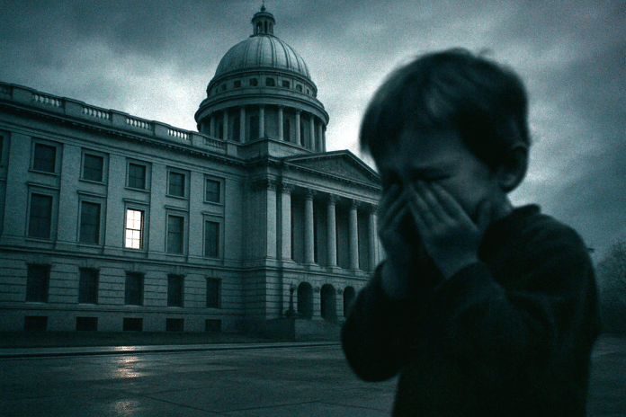 Sagoma sfocata di un bambino davanti a un palazzo del potere buio, a simboleggiare il silenzio istituzionale sulla crisi di Gaza.