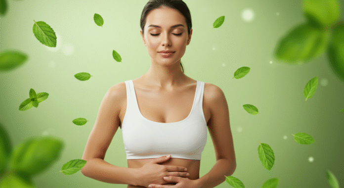 Donna serena che trova sollievo dai sintomi del colon irritabile grazie ai benefici della menta piperita.