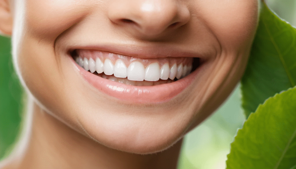 Primo piano di un sorriso con denti bianchi e sani, risultato di un rimedio naturale per sbiancare i denti.