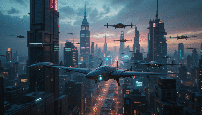 Città futuristica con velivoli eVTOL che volano su traiettorie luminose, evocando un senso di sorveglianza aerea e controllo.