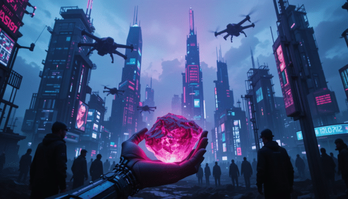 Una mano meccanica tiene un minerale grezzo in un paesaggio urbano futuristico con droni in volo.