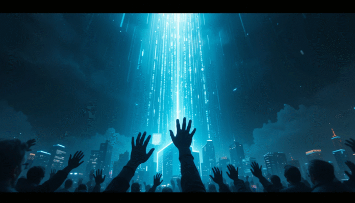 Un fascio di luce tecnologica proveniente da un satellite Starlink illumina una città buia, simbolo della lotta alla censura in Iran.