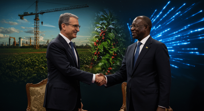 Stretta di mano tra un rappresentante italiano e uno africano davanti a una rappresentazione simbolica di infrastrutture, agricoltura e tecnologia digitale del Piano Mattei.