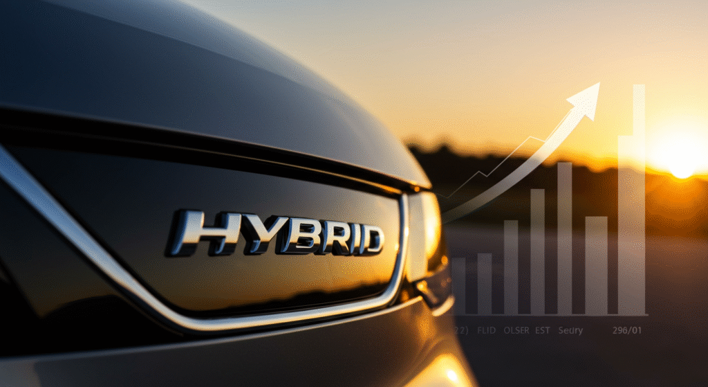 Dettaglio del logo "Hybrid" su una Toyota con un grafico delle vendite in crescita sullo sfondo, a testimonianza del successo della tecnologia ibrida Toyota.
