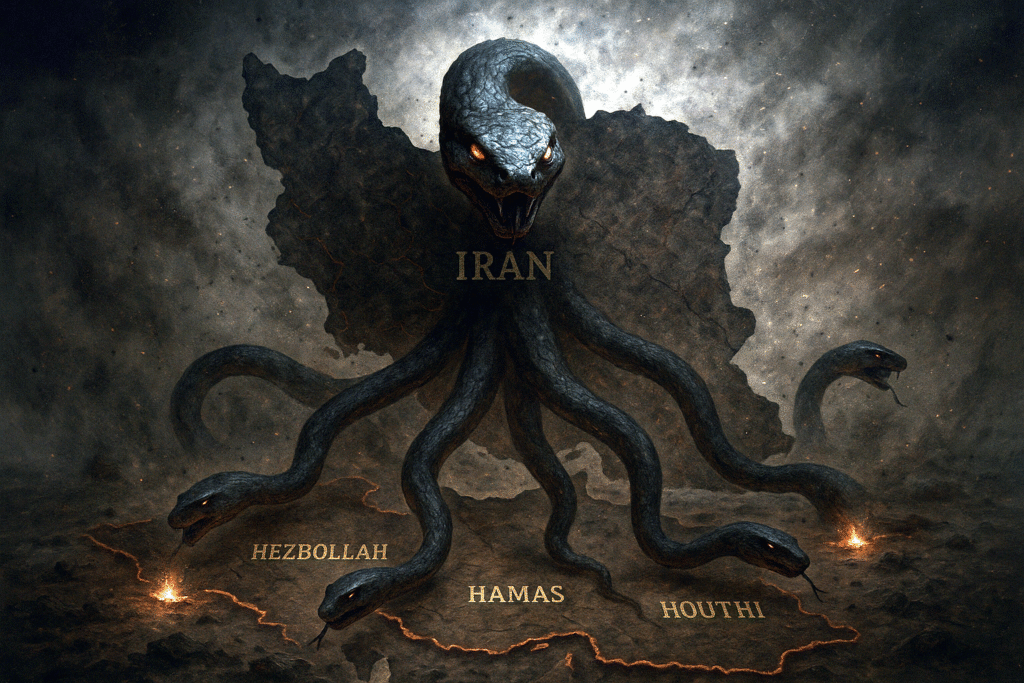 Un serpente a più teste che rappresenta l'Iran e i suoi alleati (Asse della Resistenza) emerge da una mappa astratta del Medio Oriente.
