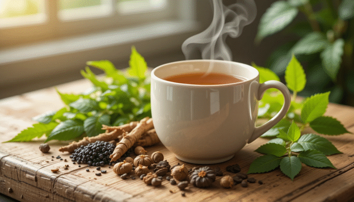 Tazza di tisana calda per alleviare i sintomi della prostatite, circondata da erbe benefiche come ortica e serenoa repens.